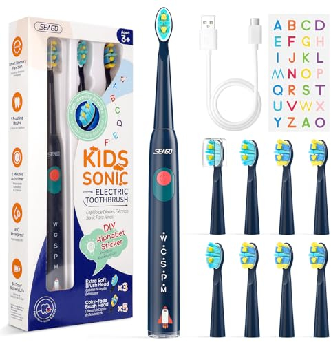 Seago elektrische Zahnbürste Kinder mit extra weiche Borsten und 5 persönliche Modi, 8 Ersatzköpfe, Smart Timer, wiederaufladbare Zahnbürste Kinder SG-2303(Blau)