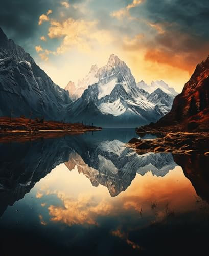 Peinture par Numéro Adulte,Montagnes Lac Réflexion,Kit de Peinture à l'huile sur Toile par Numéro pour Enfants ou Débutants,sans cadre,40x50cm