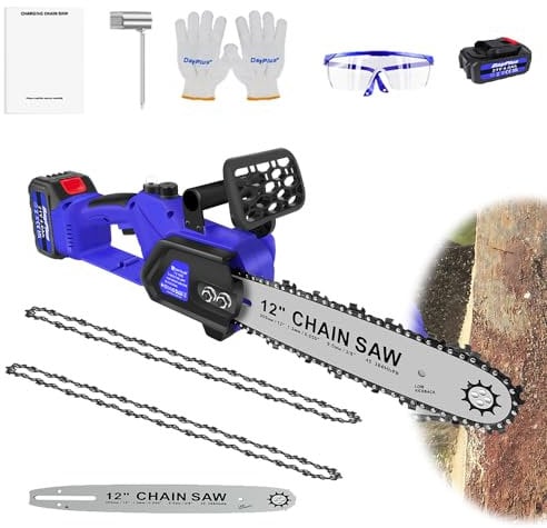 Chainsaw Cordless 12 Inch Electric Chainsaw with 21000 RPM Speed, Garden Pruning Chainsaw Hand Chainsa Brushless w/4000mAh Battery and Charger, Blade Chains for Garden Trees Wood Cutting