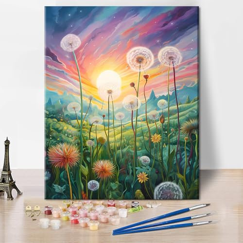 TISHIRON Malen nach Zahlen Erwachsene Löwenzahn DIY Ölmalerei Blumen Blühen Malen nach Zahlen Kits auf Leinwand Verträumter Himmel Sonnenuntergang Malvorlagen Kunsthandwerk 40 x 50 cm(rahmenlos)