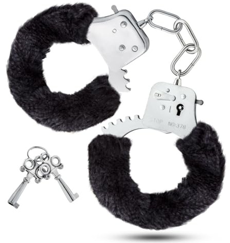 Menottes Adulte,Peluche Douce Menotte,menotte police jeux pour couple,Menottes en peluche avec clés,pour enterrement de vie de jeune fille,Accessoires de fête,Jouet pour Le Jeu Rôle la Police(Noir)
