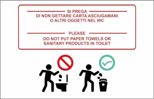 M-ITALY CARTELLO SEGNALETICO - VIETATO GETTARE CARTA ASCIUGAMANI NEL WC - Adesivo Extra Resistente, Pannello in Forex, Pannello In Alluminio (20x31, Plastica)