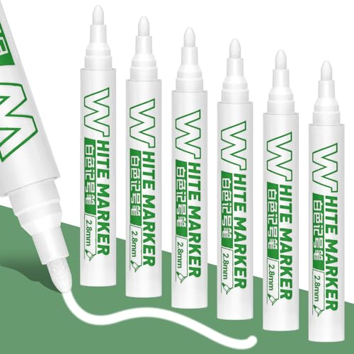 Jeffdad 6 Pcs White Paint Marker Paint Pens, Acrylic Permanent Marker, 3mm Medium Point Water Based Marking Pens, Quick Drying and Waterproof Paint Pens for Wood Rock Plastic Leather Glass Stone Art