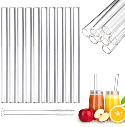 Glass Straws Drinking, 10 Pcs Glass Straw Reusable Smoothie Straws 21.5 cm Length Wide Straws Straight Clear Jumbo with 2 Cleaning Brush for Milkshakes Boba Bubble Tea Coctail