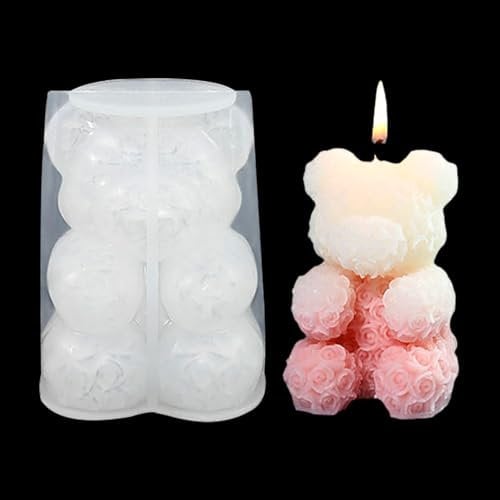 Zayookey Rose Bear Candle Mold for Epoxy Resin 3D bear Candle Making Resin Mold Animal Soap Silicone mold Teddy Bear Casting Mould for DIY Aromatherapy Wax Candle Soap (B)