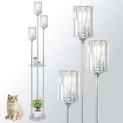 Rayofly Lampadaires Modernes pour Salon, Lampadaires 3 Lumières en Cristal avec Étagères, Lampe de Sol Chromée pour la Chambre à Coucher avec Abat-jours en Cristal et Interrupteur à Pied