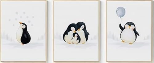 UEHVVF Kinderzimmer 3 Stück Poster-Set, große und kleine Pinguin Ballons Copy gedruckte Bilder, Kinderzimmer Leinwand, Jungen und Mädchen Schlafzimmer Wanddekoration Frameless (Black,30 * 40CM)