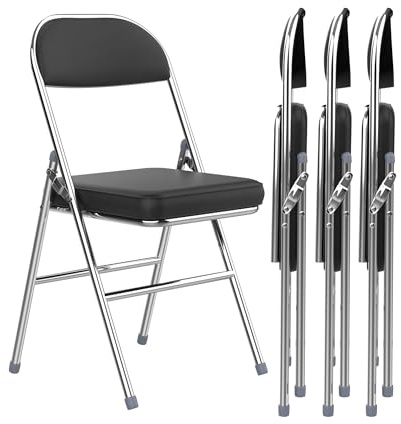 PIPIPOXER 4er Set Metall Klappstuhl Gepolstert Klappstühle aus Leder, Klappstühle für den Innenbereich, bequem PU Klappstuhl, faltbar, platzsparend, für Partys Picknicks,schwarz