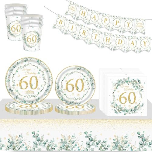70P Sage Green 60th Birthday Tableware Set with Eucalyptus Green Happy Birthday Banner, Paper Cups, Napkins, Plates (7in+9in) and Table Cloth