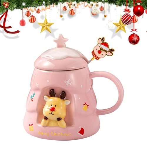 PLUSHCEWT Christmas Coffee Mug with Spoon 400ml Ceramic Christmas Tree Coffee Cup with Lid Festival Santa Reindeer Cute Xmas Tree Mugs Tea Cups for Parents and Friends for Holiday Christmas Party (D)