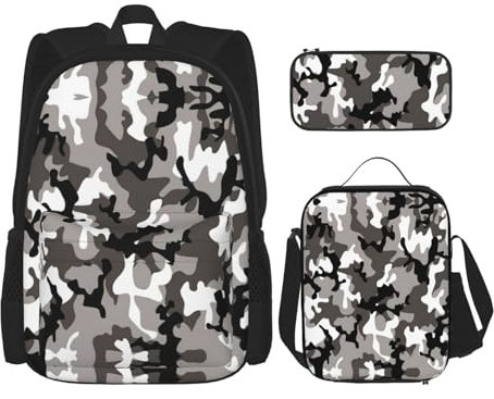 YQxwJL ack College-Rucksack-Set, Reise-Tagesrucksack-Set mit Lunchbox, Federmäppchen, für Damen und Herren, Grau / Weiß, Schwarz , One Size