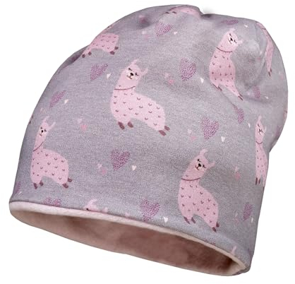 maximo MINI-Beanie für Mädchen, Herbst/Winter, Jersey Bedruckt BW-Fleece Futter rauchmeliert-rosa mit Alpaka, Gr. 53