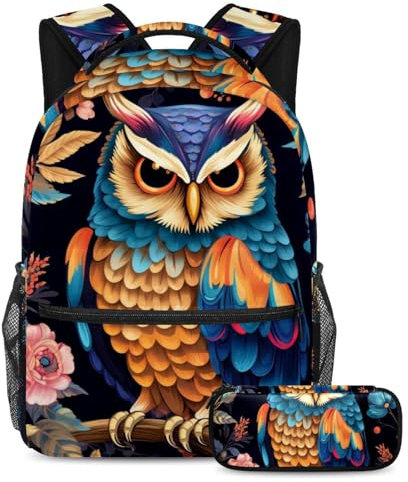 Rucksack mit Federmäppchen, 2-teiliges Schultaschen-Set für Jungen, Mädchen, Teenager, Reisebuchtasche für Studenten, Kunsttiere, Eule 11, Kunsttier-Eule, Größe L