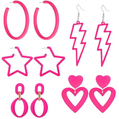 Neon-Ohrringe Für Frauen Ohrringe Pink 5 Stück Pinke Ohrringe Ohrringe Pink Hängend Acryl Offene Schleife Ohrringe Stern Blitz Herz Mode Retro Übertrieben Geeignet Für 80er 90er Jahre Party Zubehör