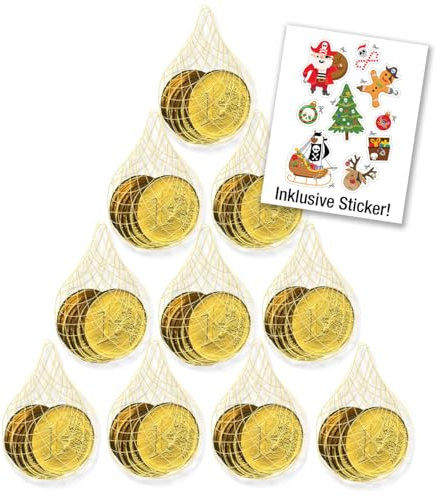 Schoko Goldtaler ideal für Schatzsuchen, Kindergeburtstage oder als Mitgebsel I Euromünzen (10 x 27g à 6 Taler im Netz) inkl. DIY Piraten-Sticker