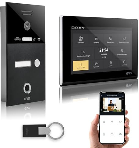 GVS - IP Video Türsprechanlage mit Türöffner, Fingerprint & RFID, HD Kamera, 1x 7 Zoll Monitor & App - Smarte Video Türklingel mit Kamera & Gegensprechanlage für 1 Familienhaus (AVS5284U)