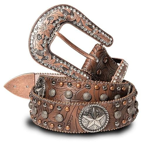 STARS & STRIPES Westerngürtel STONE-8 – PU-beschichtetes Leder mit Strasssteinen & Nieten | Austauschbare Schnalle | 4 cm Breit
