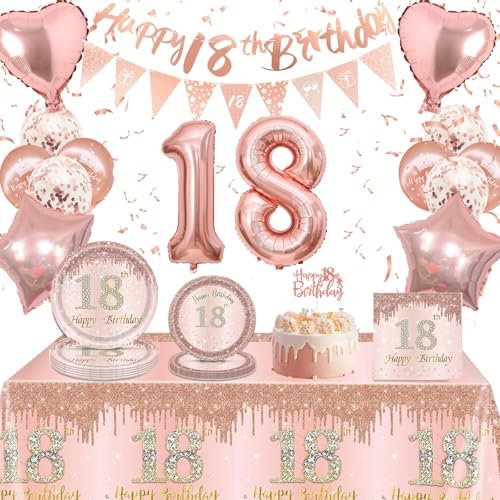 Rose Gold 18th Birthday Party Decorations Tableware Set Include 18th Birthday Balloons, Banner, Tablecloth, Cake Topper, Plates and Serviettes for Girls, Women,Her Party Birthdays Supplies Decoration