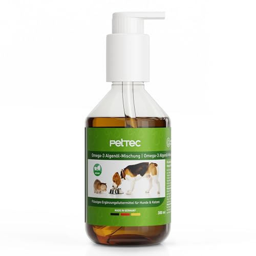 PetTec® Algenöl Hund & Katze [Omega-3 ALGENÖL VEGAN] - Omega 3 für Katzen und Hunde - Fellpflege Katze Vitamine - Mittel gegen Schuppen bei Katzen - Katzenpflege und Hundepflege (300ml Pumpflasche)