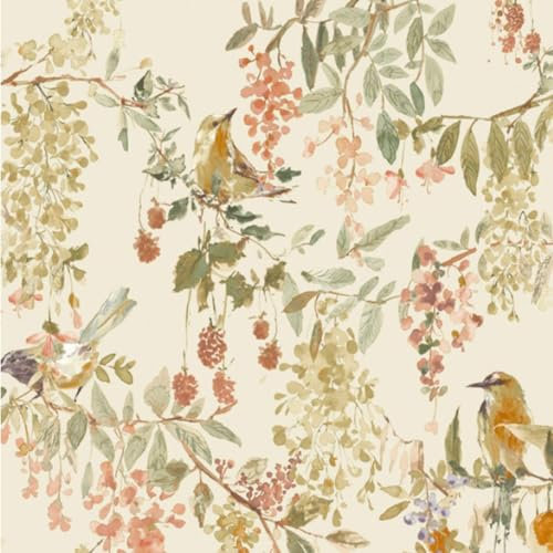 BlackBerry Trail Cream Wallpaper - Bird Wildflower Nature Botanical Floral - Traditional Pattern - Paste The Paper