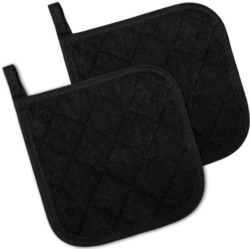 2 Pcs Cotton Pot Holders, 18 cm / 7-Inch Square Potholders for Kitchen, Heat-Resistant Pots Holder, Non Slip Kitchen Pot Holders Cotton Lining Hot Pads for Baking Cooking Oven (Black)