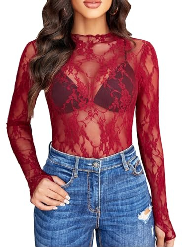 MIZSPISE Haut Femme Maille Transparente T Shirt à Manche Longue Fleur Elegante Elastique Blouse Quotidien Soiree Fete Cocktail Club Mariage Bal Anniversaire Cadeau Vêtements S-XL
