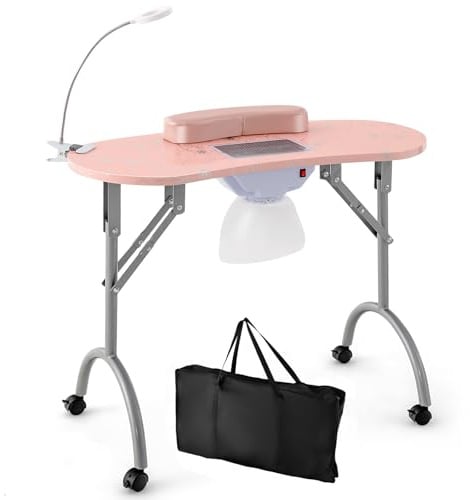 RELAX4LIFE Nageltisch, Maniküretisch mit Absaugung, Nagelstudio Tisch mit biegbarer LED-Lampe, faltbarer Manikürtisch mit 4 Rädern, Tragbare Maniküre-Tisch für Zuhause, Salon, Nagelstudio (Rosa)