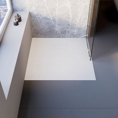 Schulte Duschwanne 90x90 cm Set inkl. Ablauf, DWM-Tec Midra mit Steinstruktur mit Rutschsicherheitsklasse B, Weiß, extra flach