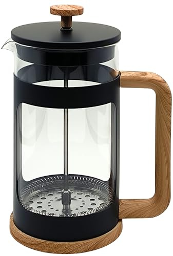 French Press da 1 Litro, Caffettiera a Stantuffo in Vetro Resistente al Calore, Filtro in Acciaio Inox, Manico con Finitura Effetto Legno, per 4 Tazze