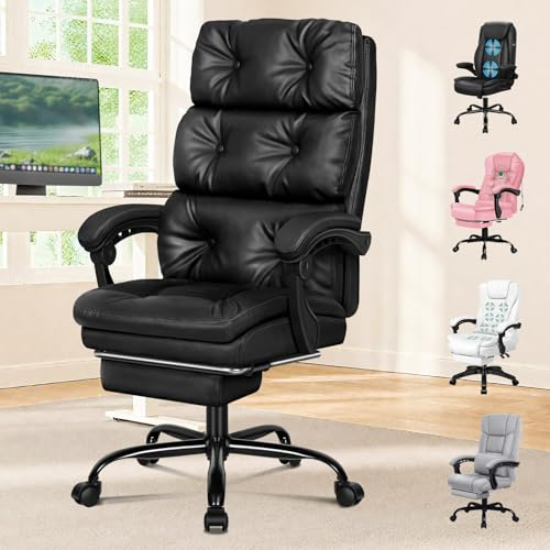 ELFORDSON Executive Office Chair with Dual Paddings Footrest, High Back Desk Chair with Armrests, Ergonomic Computer Gaming Chair with Recliner for Home Office, PU Leather, Black