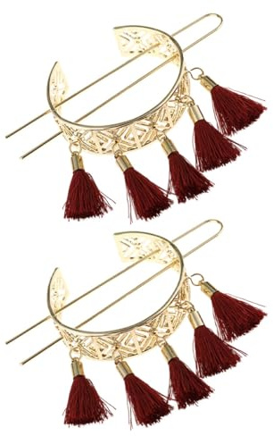 Retro Chignon Pin Zinc Alloy Tassel Hair Stick 2pcs Red | Girl Hair Accessory, Special Occasions and Performances, Vintage Style with Decorative Hollow Detailing