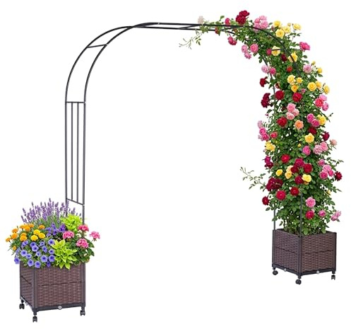 Relaxdays Rosenbogen mit 2 Pflanzkästen, schwarz/braun | HxBxT: 210 x 282 x 40 cm, Metall, Polyrattan, Torbogen Garten