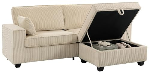 HOMCOM Ecksofa 216 cm L-Form mit Umkehrbarem Aufbewahrungshocker Beige | Sofa, 3-Sitzer Couch, Cord-Optik, Breiter Sitzfläche, Kissen, Seitentasche, Wohnzimmer, Gästezimmer