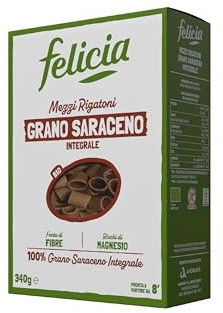 Felicia, Mezzi Rigatoni di Grano Saraceno Integrale, Ricca di Magnesio, Ricca di Manganese, Fornte di Fibre, Senza Glutine, Bio, Vegan, Gusto Deciso, Confezione da 340 g