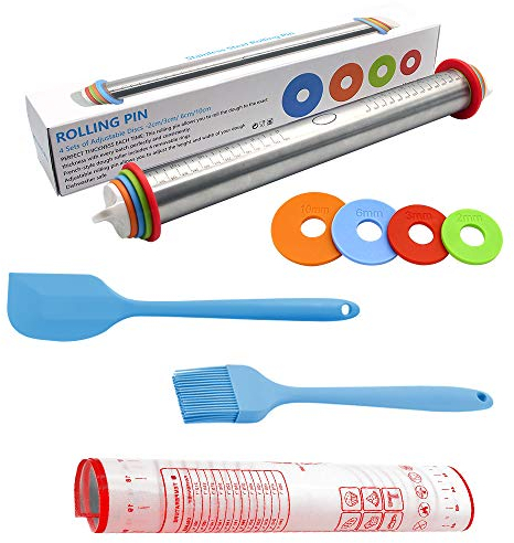 feihao-Rodillo de Amasar-Rodillos Ajustables de Acero Inoxidable con 4 Anillos de Espesor Ajustable Extraíbles, Rodillo de Masa con Tapete para Pasta de Hornear,Pastel, Pizza, Pasta y Galletas