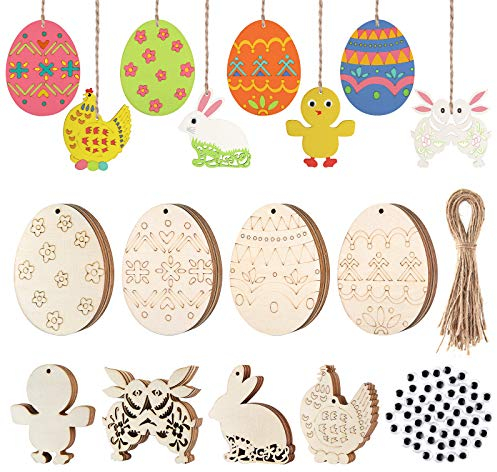 MIAHART 128 Stück Ostern Holz Ornamente Unvollendete Ostern Tags Eier Hase Küken Ausschnitte Scheiben mit Schnüren für DIY Ostern Basteln Osterdekorationen