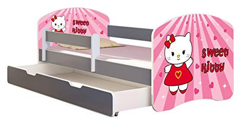 ACMA Kinderbett Jugendbett mit Einer Schublade und Matratze Grau mit Rausfallschutz Lattenrost II (15 Sweet Kitty, 180x80 + Bettkasten)