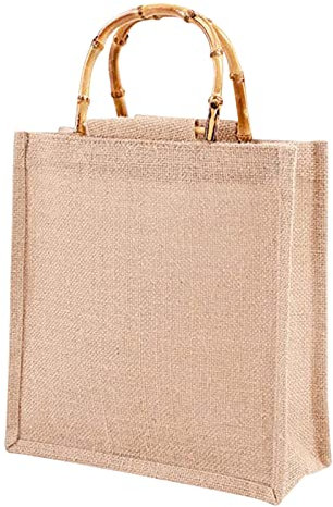 LYEAA Borsa for la Spesa Portatile, Borse in Juta, Borsa della Spesa Riutilizzabile for la Spesa da Spiaggia con Manico (Manico in Bambù 39x31x15cm)