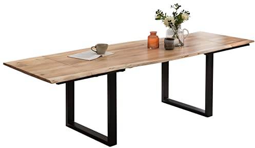 SAM Baumkantentisch 180 (280) x 90 cm Adina, Akazienholz naturfarben & massiv, Esszimmertisch mit 2 Ansteckplatten, Mattschwarzes U-Metallgestell, Platte 26mm