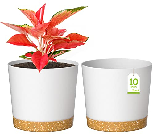 ZMTECH Blumentopf 25 cm Durchmesser übertöpfe für zimmerpflanzen, Kunststoff blumentöpfe mit Untersetzer und Abflusslöchern, Rund pflanztöpfe für Innen Außen Pflanzen(2er-Set, Weiß)