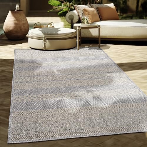 Paco Home Outdoor Teppich Flachgewebe Modern Boho-Style wetterfest & UV-beständig Ideal für Terrasse Balkon Wohnzimmer & Küche, Grösse:80x250 cm, Farbe:Grau