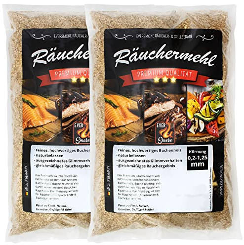 EVERSMOKE Premium Räuchermehl & -Chips aus Buchenholz I 1kg I Verschiedene Körnung (Extra Fein 0,2-1,25mm (2x500g))