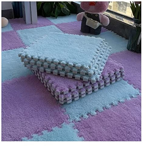12X12 Plush Interlocking Carpet Tiles, 10Mm Thick Foam Mat, Puzzle Play Mat, Soft Crawling Playing Floor Mat, Anti-Slip And Anti-Fall,Light Blue+Purple,10Pcs