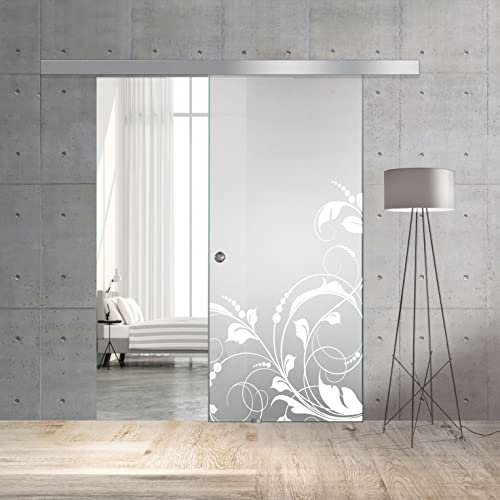BOSS Porte coulissante en verre Modele LA VIE 80x215 cm (60/80/90 cm) Verre Satine 8 mm, modele sable nano-traitement blanc, kit de quincaillerie complet (80x215 cm, DROIT)