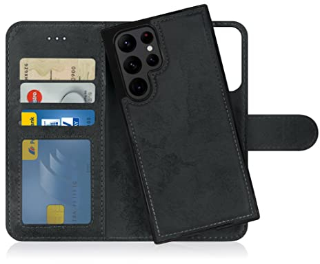 MyGadget Flip Case für Samsung Galaxy S22 Ultra - [ abnehmbare Magnet Hülle ] - Handyhülle aus Kunstleder - [ Klapphülle mit Kartenfach ] Schutzhülle in Grau Schwarz