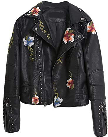 VALINK Damen-Lederjacke, Nieten, bestickt, Blumenmuster, Lederjacke, Damen-Kunstlederjacken, lässiger kurzer Mantel für Frühling, Herbst und Winter, Schwarz