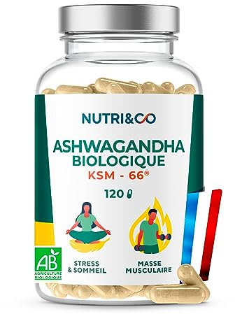 NUTRI & CO Ashwagandha BIO KSM-66® Breveté - Extra Fort 1200mg 5% Withanolides - 120 gélules Vegan - Extrait 100% Pur - Fabriqué en France