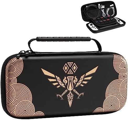 TiMOVO Housse de Protection Compatible avec Nintendo Switch OLED Modèle 2021&Switch, Zelda: Tears of The Kingdom Étui de Rangement pour Manette&Accessoire avec 10Fente pour Carte de Jeu, Aigle Noir Or