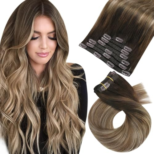 Moresoo Clip in Extensions Echthaar, Salon Qualität Weiches Glattes Haar 60 cm 7 Stück 120g Extensions Clip in #4/10/16 Braun zu Goldbraun mit Goldblond, Leicht zu Tragen Solide und Langlebig