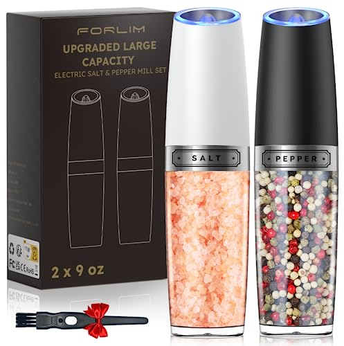 FORLIM Gravity Electric Salt and Pepper Mill Set, Upgraded 9 oz Capacity, Battery Operated One-Hand Automatic, Adjustable Coarseness, LED Light - 2 Pack (Black + White)